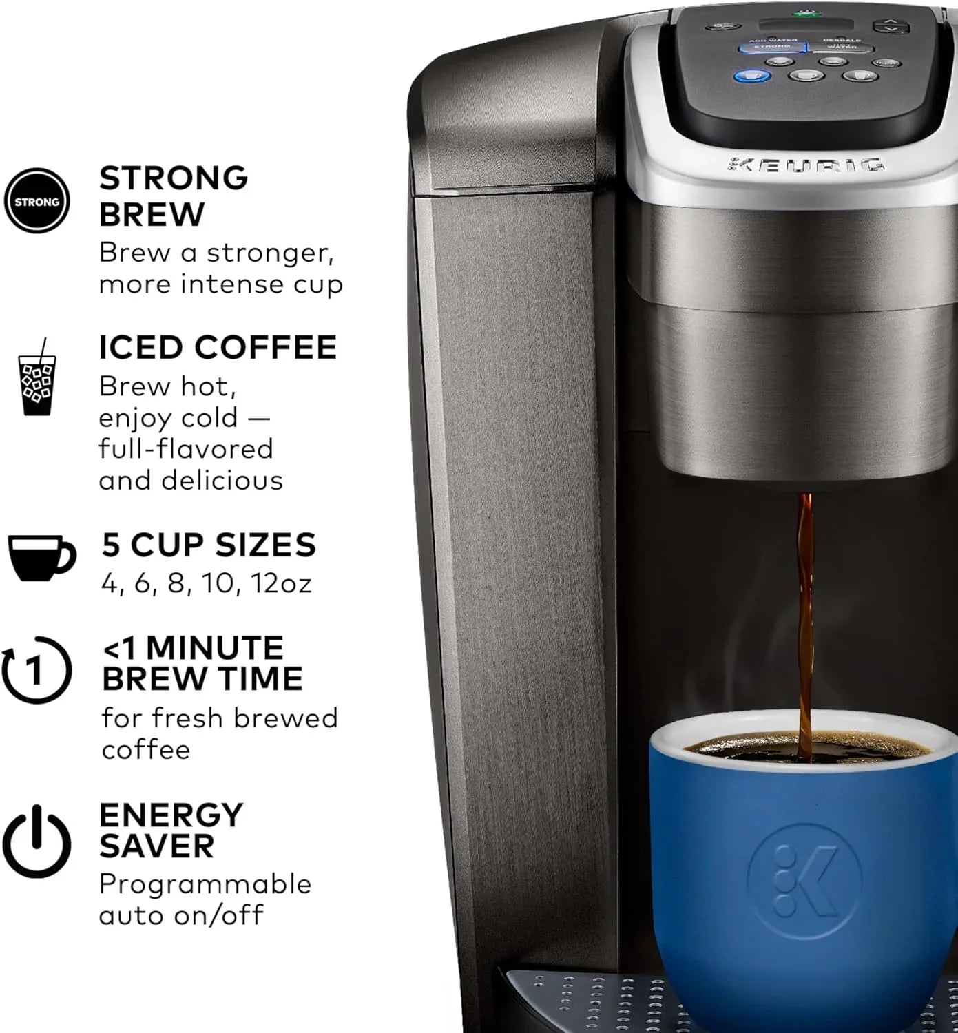 K-Elite Single Serve K-Cup Pod Coffee Maker, with Strength and Temperature Control, Iced Coffee Capability, 8 to 12Oz Brew Size, Programmable, Brushed Slate