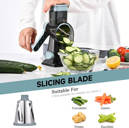 Rotary Cheese Grater with Handle Kitchen Shredder Slicer Grater Slicer Ice Shaver Cheese Vegetable Nuts Potato Zucchini Chocolate 3 Interchangeable Blades (Greyblue