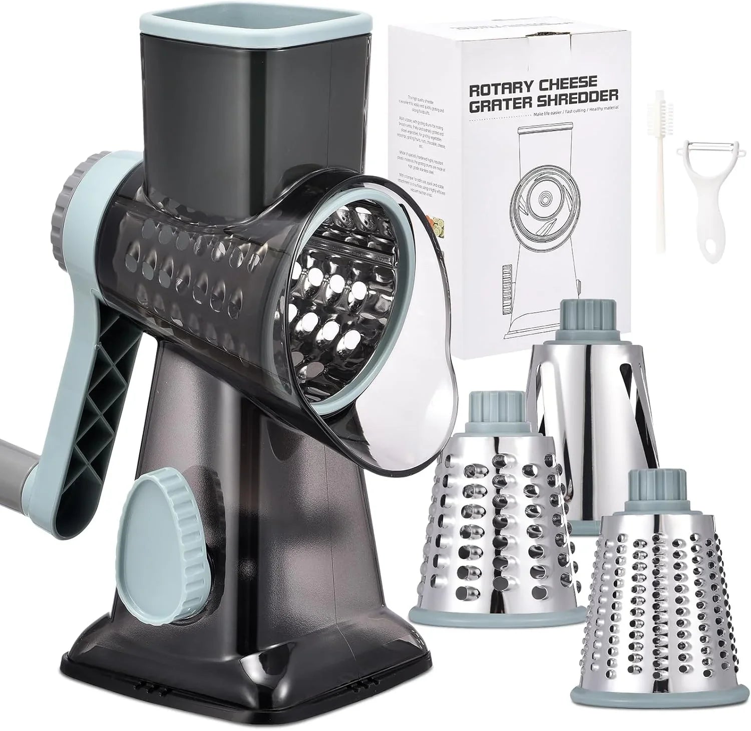 Rotary Cheese Grater with Handle Kitchen Shredder Slicer Grater Slicer Ice Shaver Cheese Vegetable Nuts Potato Zucchini Chocolate 3 Interchangeable Blades (Greyblue