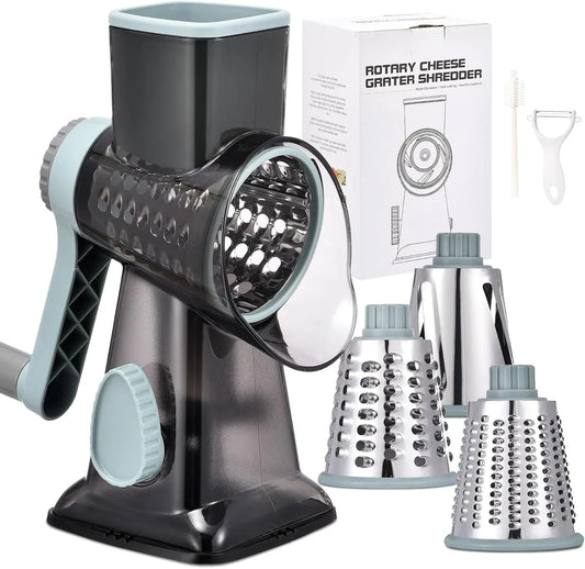 Rotary Cheese Grater with Handle Kitchen Shredder Slicer Grater Slicer Ice Shaver Cheese Vegetable Nuts Potato Zucchini Chocolate 3 Interchangeable Blades (Greyblue
