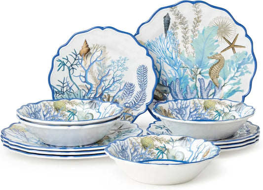 Blue Lagoon Melamine 12-Piece Dinnerware Set – Coastal Coral and Shell Design, Service for 4 – 11" Dinner Plates, 9" Salad Plates, and 28Oz Bowls – Durable, Lightweight, Bpa-Free, Dishwasher Safe