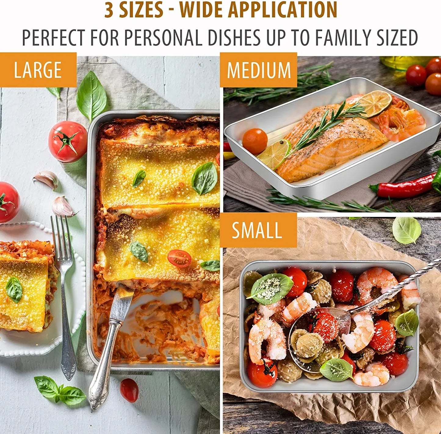 Baking Pans Set of 3, Stainless Steel Sheet Cake Pan for Oven - 12.5/10.5/9.4Inch, Rectangle Bakeware Set for Cake Lasagna Brownie Casserole Cookie, Non-Toxic & Healthy, Dishwasher Safe