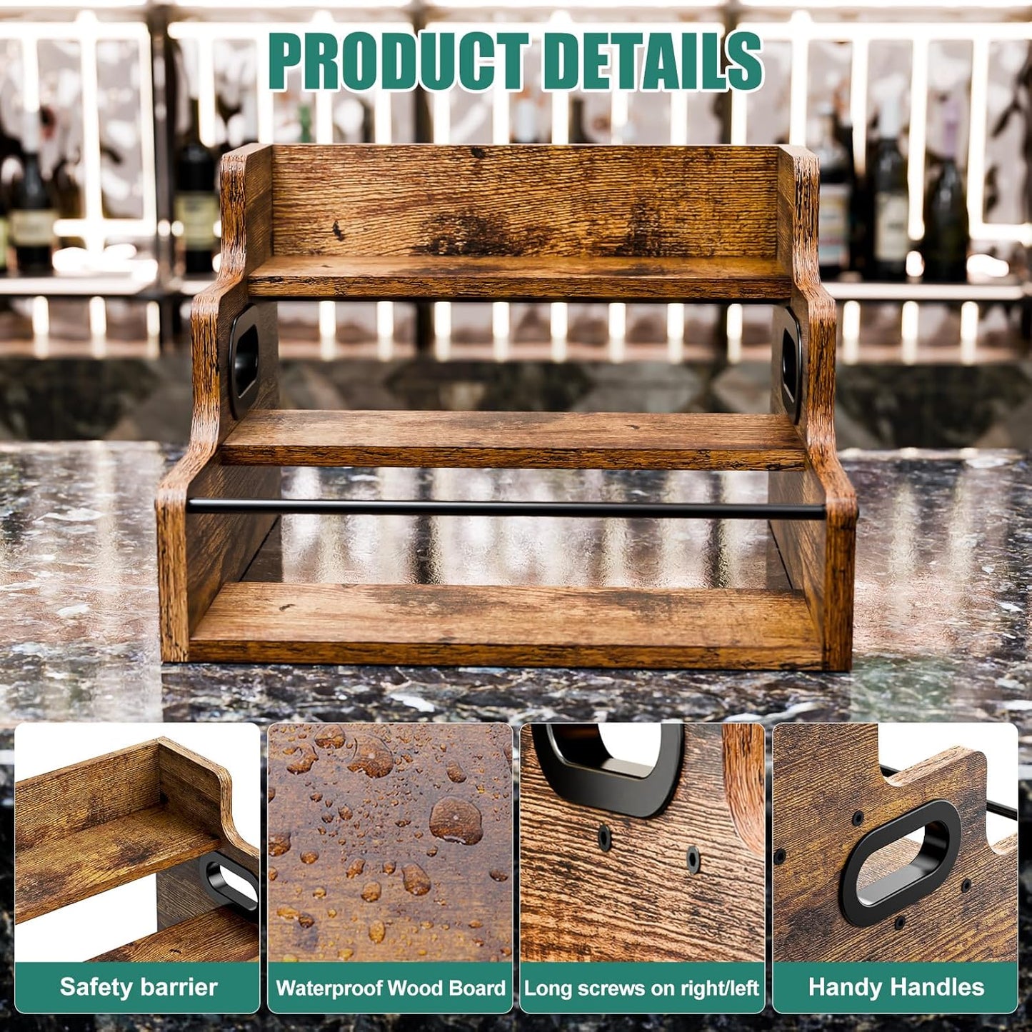Liquor Bottle Display Shelf, Coffee Syrup Rack Organizer, 3 Step Countertop Liquor Wine Rack, Mini Bar,Liquor Cabinet, Home Retro Bar Shelf Stand for Liquor Whiskey, Spirits