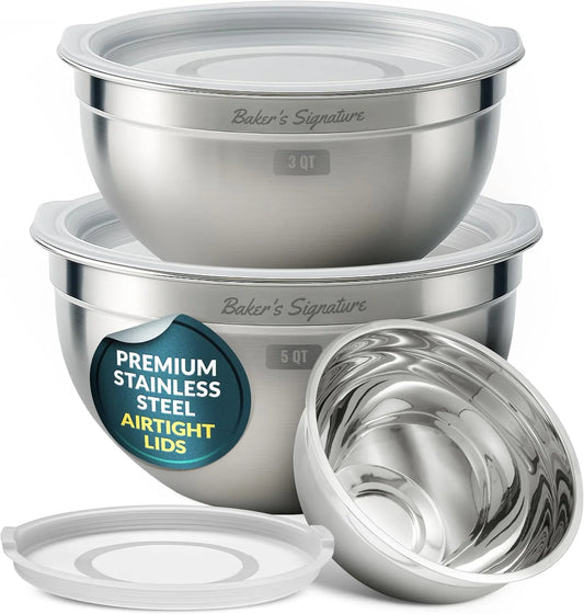 Stainless Steel Mixing Bowls with Lid, Metal Mixing Bowl Set of 3, Nesting Set for Food Prep, Baking,Storage, Cooking, Serving | Dishwasher Safe, Silver, 1.5/3/5 Qt
