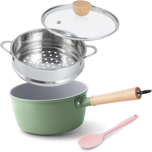 Ceramic Nonstick Sauce Pan with Lid, 2 Quart Cooking Pot, Small Saucepan with Steamer, PTFE& Pfas-Free, Wooden Handle for Cool Touch, Universal Base(Gas, Electric & Induction), Green
