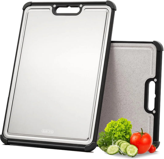 Premium 316 Stainless Steel Cutting Board for Kitchen Extra Large 16.9" X 11.8" Best Non-Toxic Chopping Board for Meat Food-Grade Metal & Eco-Friendly Wheat Straw Dual-Sided Healthy Kitchen Essential