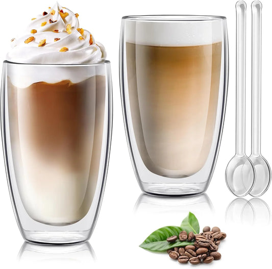 13.5Oz Large Double Wall Glass Coffee Mugs with Spoon Set of 2- Insulated Thermal Latte Glasses for Hot or Cold Drinks- Clear Glass Coffee Cup for Espresso Ice Tea Cappuccino Macchiato Juice