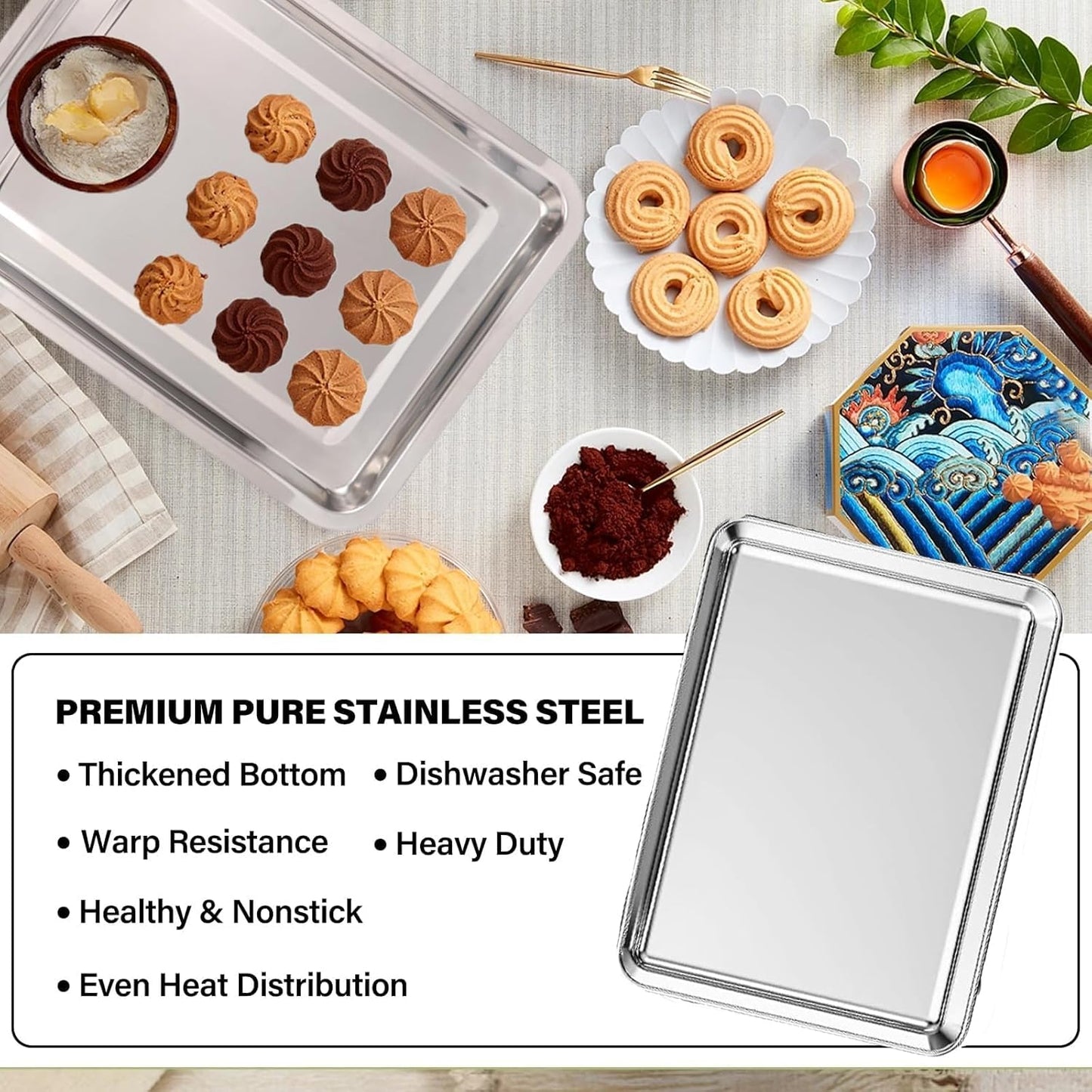 Set of 3 Baking Sheet, Stainless Steel Cookie Sheet Baking Sheet Pan, 9/12/16 Inch Cookie Tray Pans for Baking, Non Toxic & Easy Clean