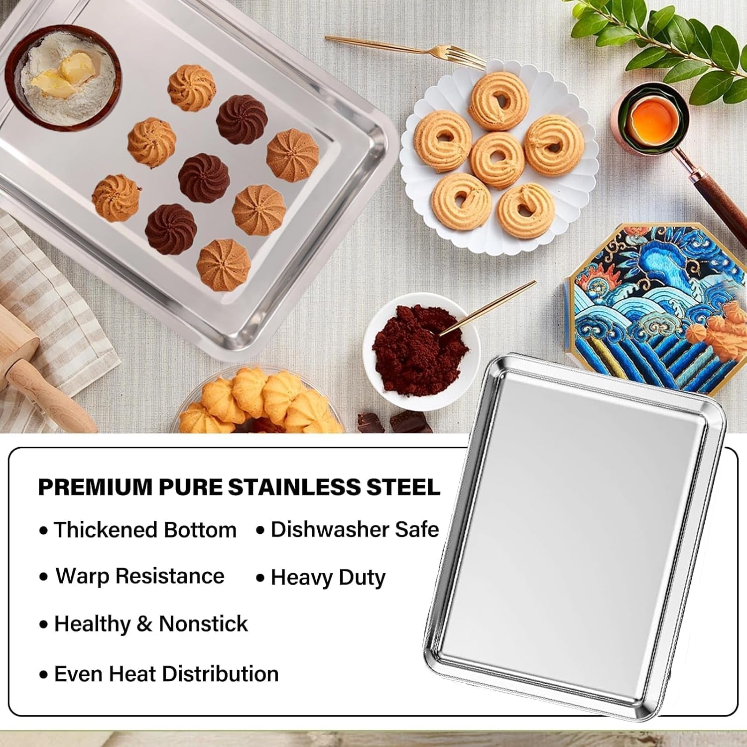 Set of 3 Baking Sheet, Stainless Steel Cookie Sheet Baking Sheet Pan, 9/12/16 Inch Cookie Tray Pans for Baking, Non Toxic & Easy Clean