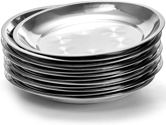 10 Pack Stainless Steel Dinner Plates, 10" round Kitchen Metal Dish Plates, Rust-Proof Camping Serving Plates for BBQ, Snack, Salad, Appetizer, Fruit, Cookies