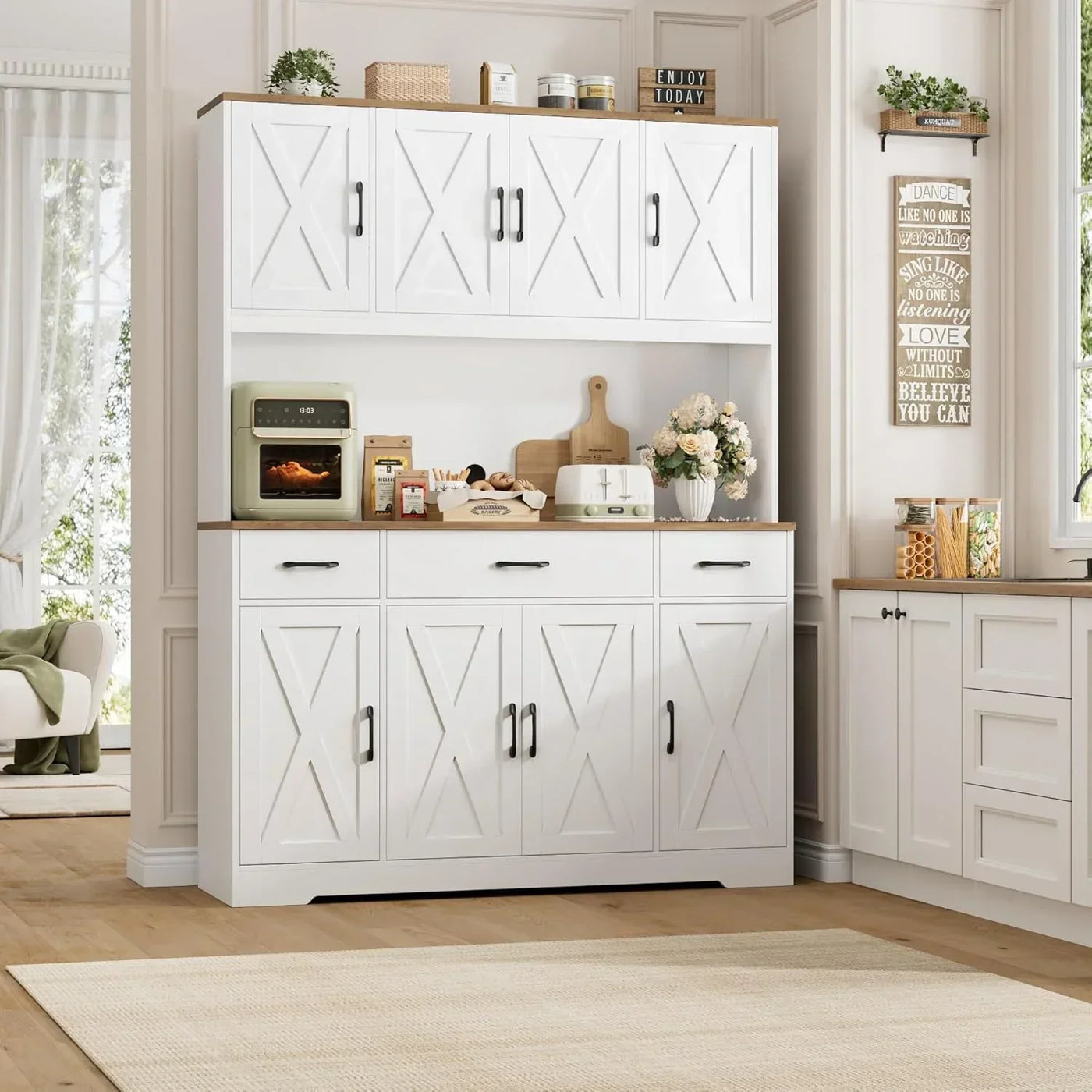 White farmhouse kitchen hutch with X-design doors, storage drawers, and open shelf for appliances and decor