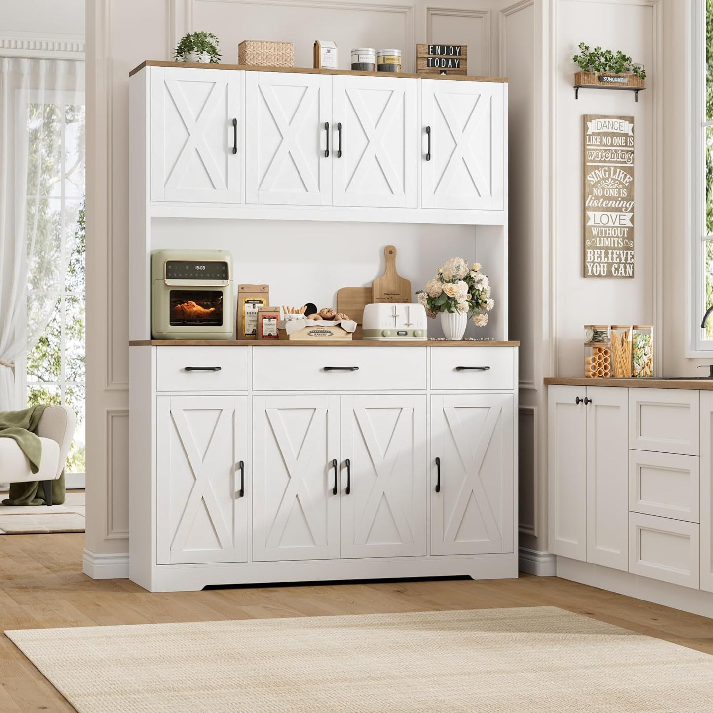 71" Tall Pantry Cabinet with Charging Station, 55" Wide Kitchen Pantry Storage Cabinet with Countertop, Large Kitchen Hutch with Storage Drawers and Microwave Stand for Dining Room, White