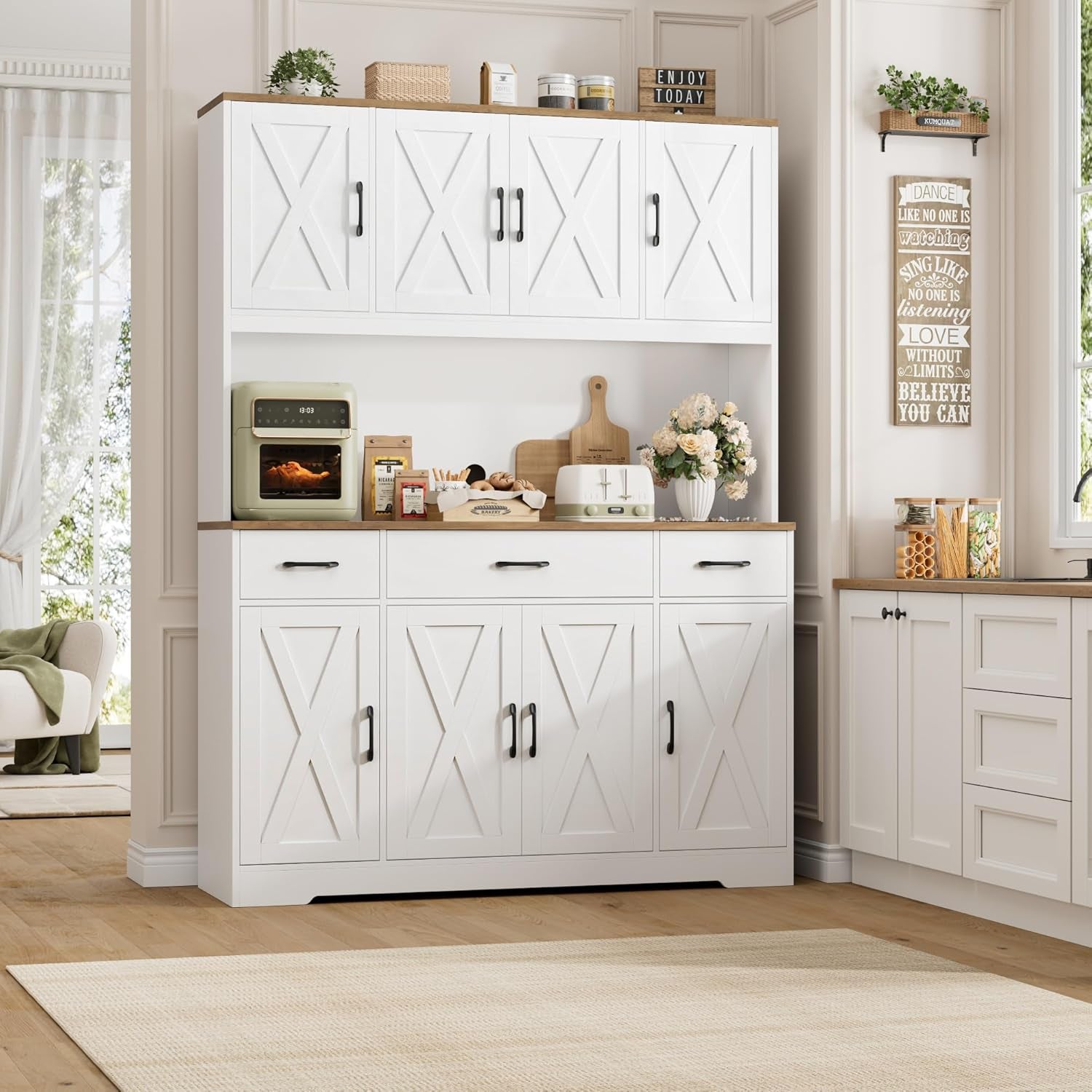 71" Tall Pantry Cabinet with Charging Station, 55" Wide Kitchen Pantry Storage Cabinet with Countertop, Large Kitchen Hutch with Storage Drawers and Microwave Stand for Dining Room, White