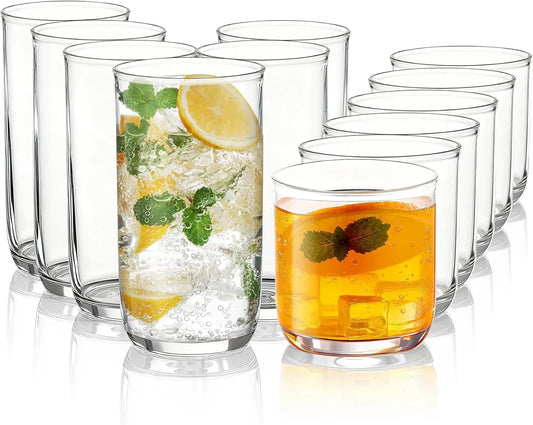 Drinking Glasses Set of 12, PET Clear Plastic Highball Glasses 14Oz & Whisky Cocktail Glasses Set 11.5Oz, Heavy Duty Unbreakable Water Glasses Cup Tumbler Glassware for Beer, Juice, Milk