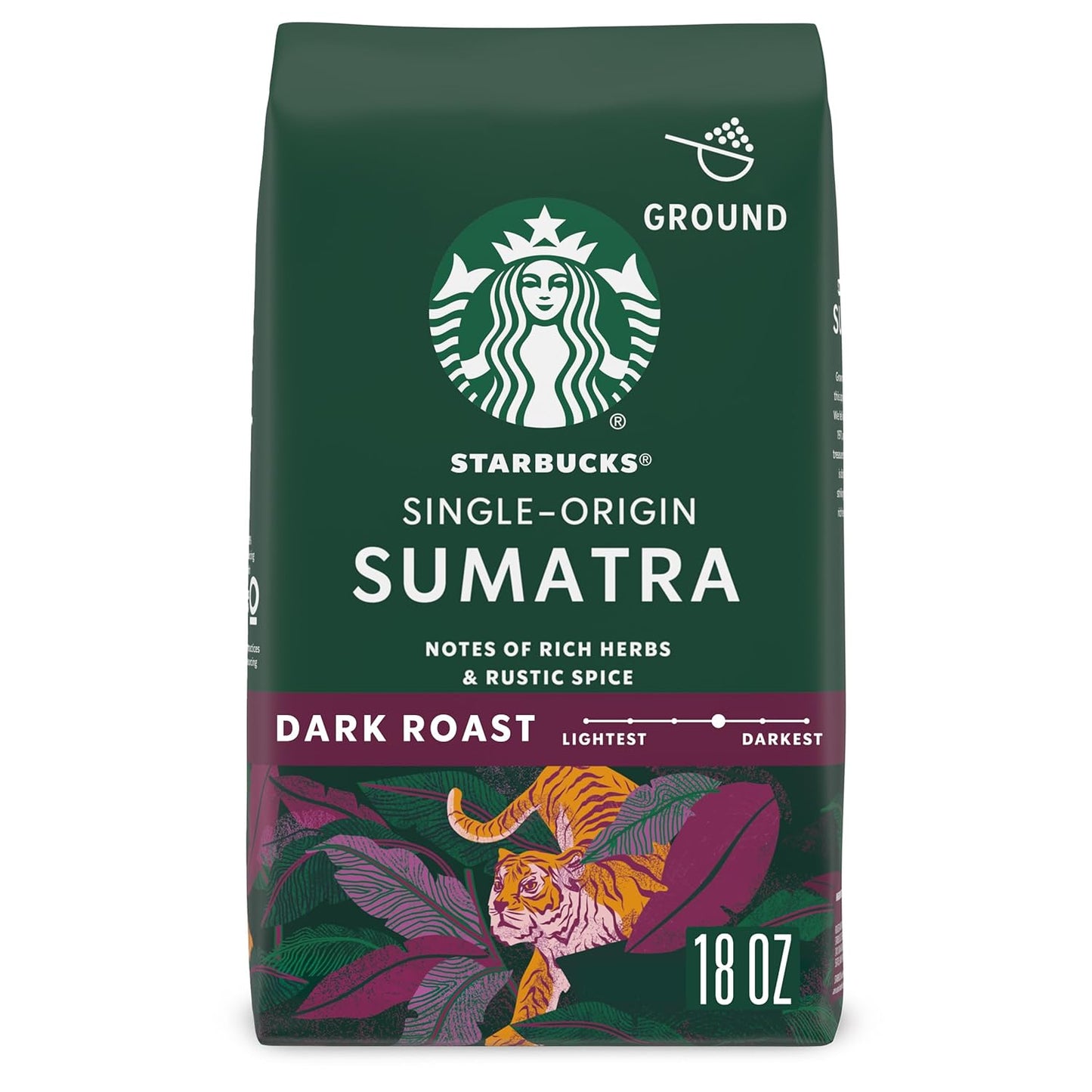 Ground Coffee, Dark Roast Coffee, Sumatra, 100% Arabica, 1 Bag (18 Oz)