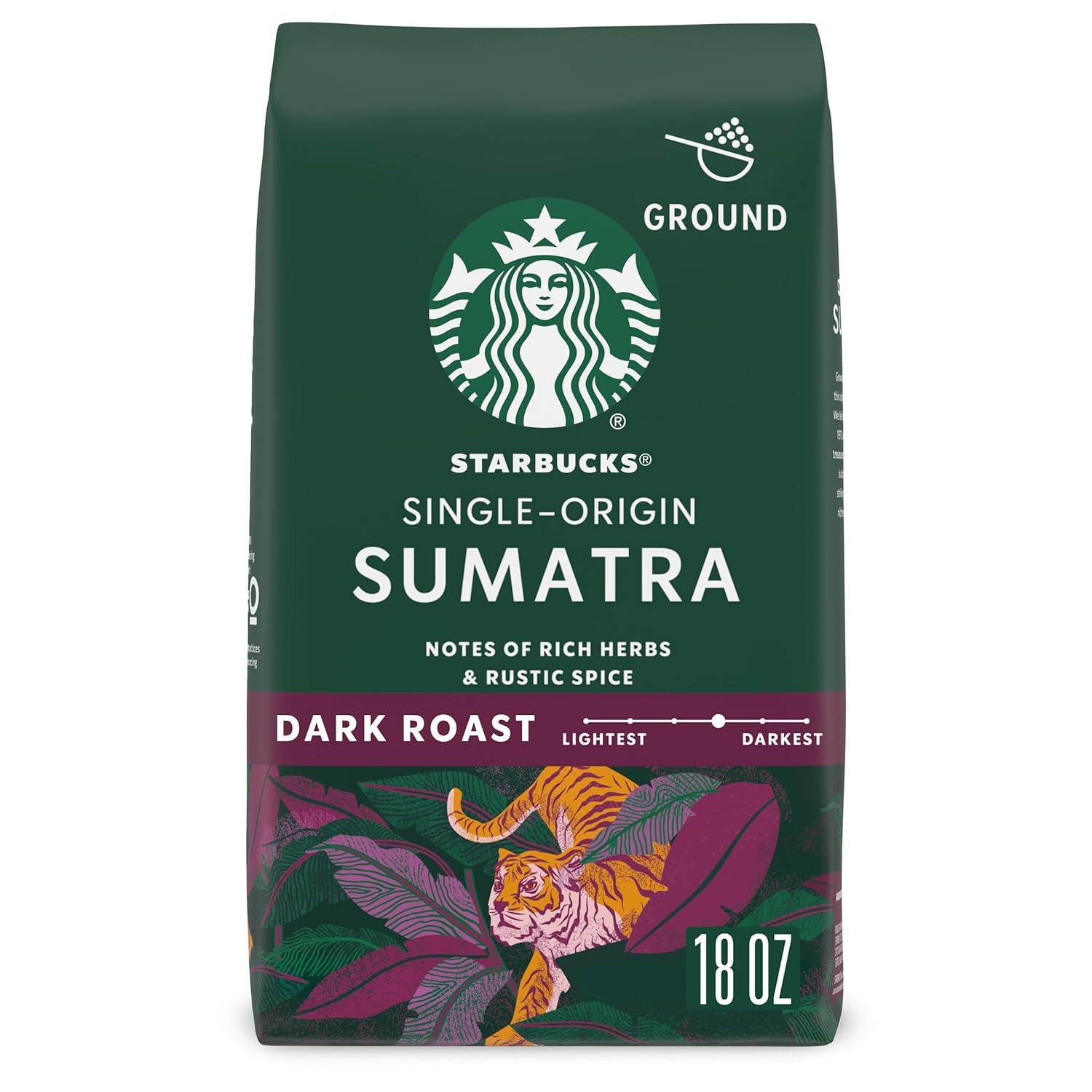 Ground Coffee, Dark Roast Coffee, Sumatra, 100% Arabica, 1 Bag (18 Oz)