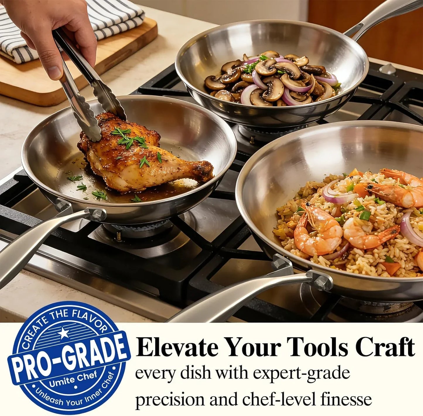 Stainless Steel Frying Pan Set with Lid, 3Pcs Skillet Set (Includes 8",10",12") - 5 Ply Stainless Clad - Heavy Duty & Professional Cookware Set, Fast & Even Heat, Dishwasher and Oven Safe