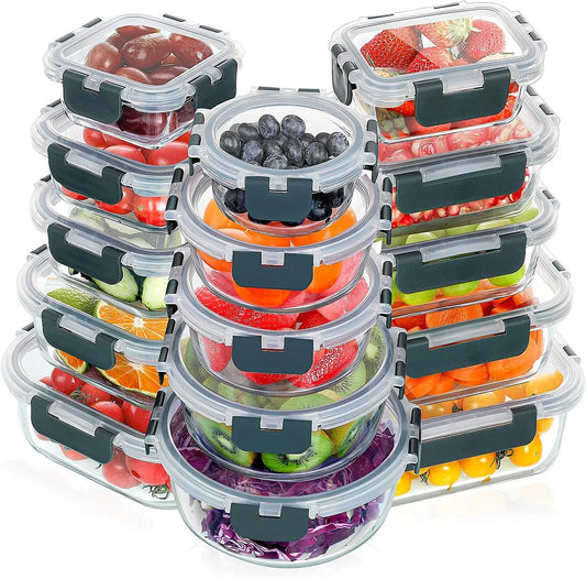 30 Pieces Glass Meal Prep Containers Set, Stackable Glass Food Storage Containers with Lids-Airtight Lunch Containers，For Microwave, Oven, Freezer & Dishwasher,Grey