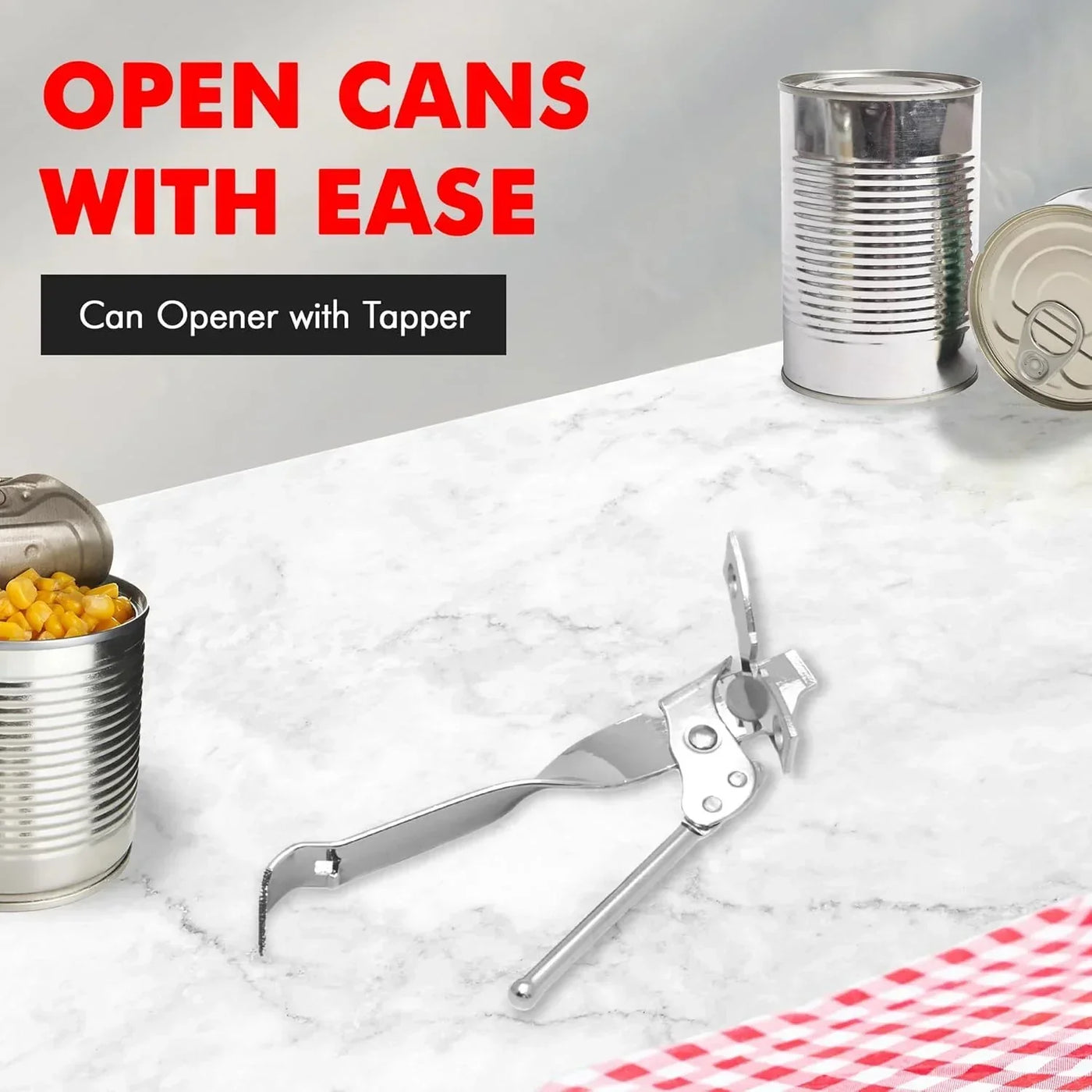 Stainless steel can opener with tapper on marble countertop, opens cans with ease, kitchen tool