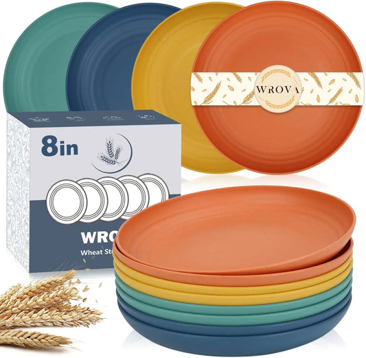 Wheat Straw Plates - 8 Inch Unbreakable Dinner Plates Set of 8 - Dishwasher & Microwave Safe Plastic Plates Reusable - Lightweight Plate for Kitchen,R.V. (Colorful Series)