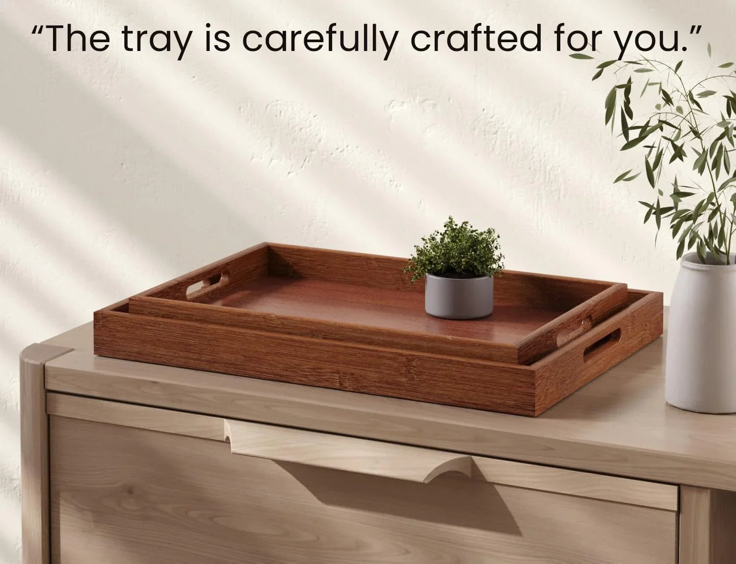 Bamboo Set of 2 Serving Tray with Handles,Decorative Trays Platter,Breakfast Tray in Bed,Food Drinks Tray for Eating,Working,Storing(Brown)