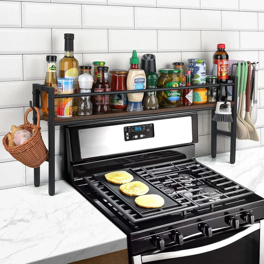 Spice Rack Shelf for Kitchen Stove, over the Stove Shelf with 4 Hooks Extra Storage Countertop, Rustic Wood & Solid Metal Commbined Stove Shelf for Storage Seasoning, Easy to Assemble