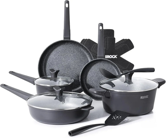 SOHO 15Pcs Cookware Set – Pots and Pans Set Non Stick with ROCK.TEC – Compact for Urban Kitchens, Nothing Sticks, Never Warps, Lasts Longer, Induction & Dishwasher Safe, Black