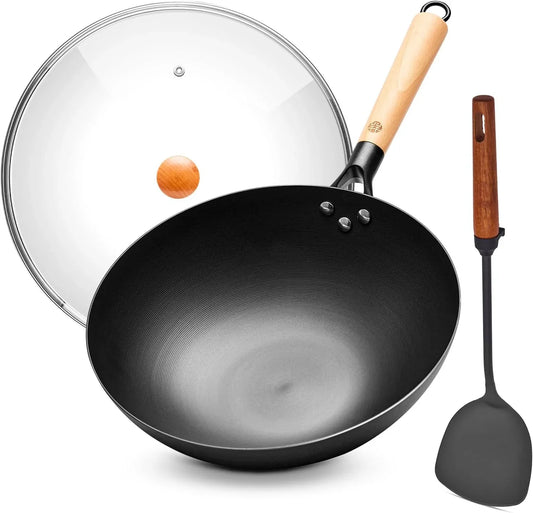 Carbon Steel Wok Pan - 12.6 Inch Flat Bottom Iron Wok, Woks & Stir-Fry Pans, Carbon Steel Pan for Induction Cookware and Gas Stoves