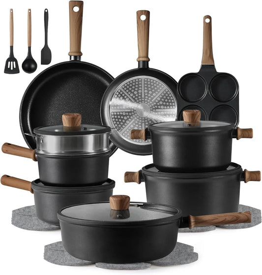 24Pcs Nonstick Kitchen Titanium Cookware Sets, Non Stick Pots and Pans Set, Induction Cookware Set Black