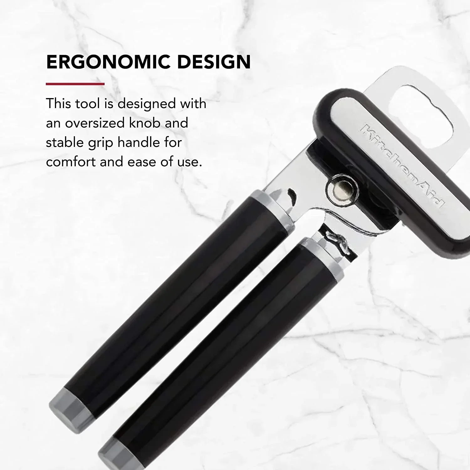 Ergonomic can opener with oversized knob and stable grip handle for easy kitchen use