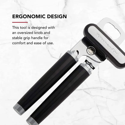 Ergonomic can opener with oversized knob and stable grip handle for easy kitchen use