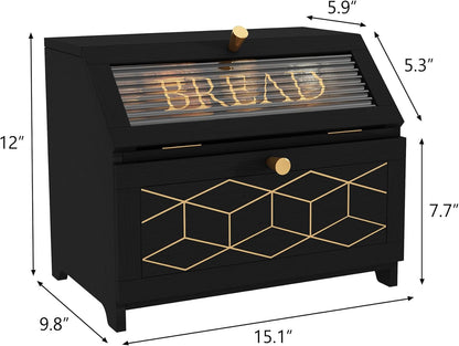Double Layer Bread Box with Golden Trim for Countertop, Wooden Bread Container for Kitchen Counter, Corner Bread Storage (Black1)