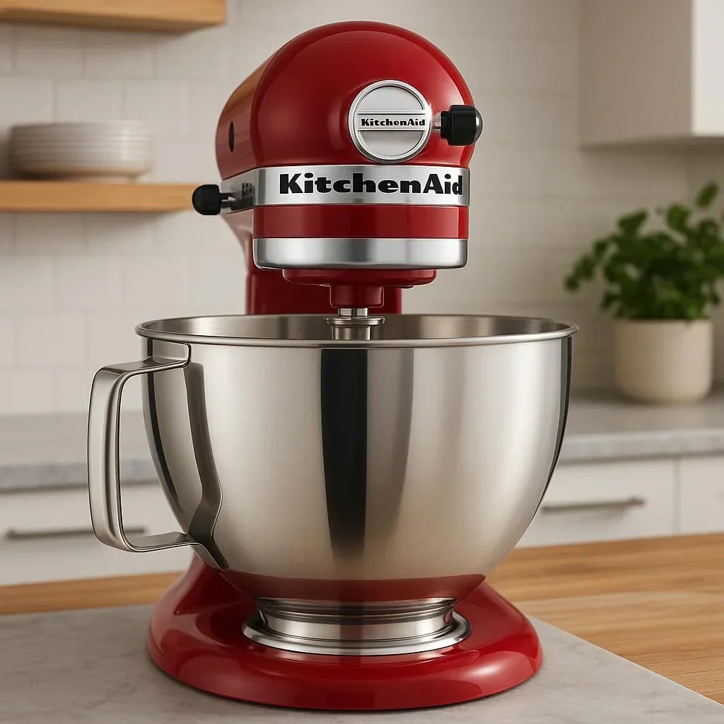 Red KitchenAid stand mixer with stainless steel bowl in modern kitchen