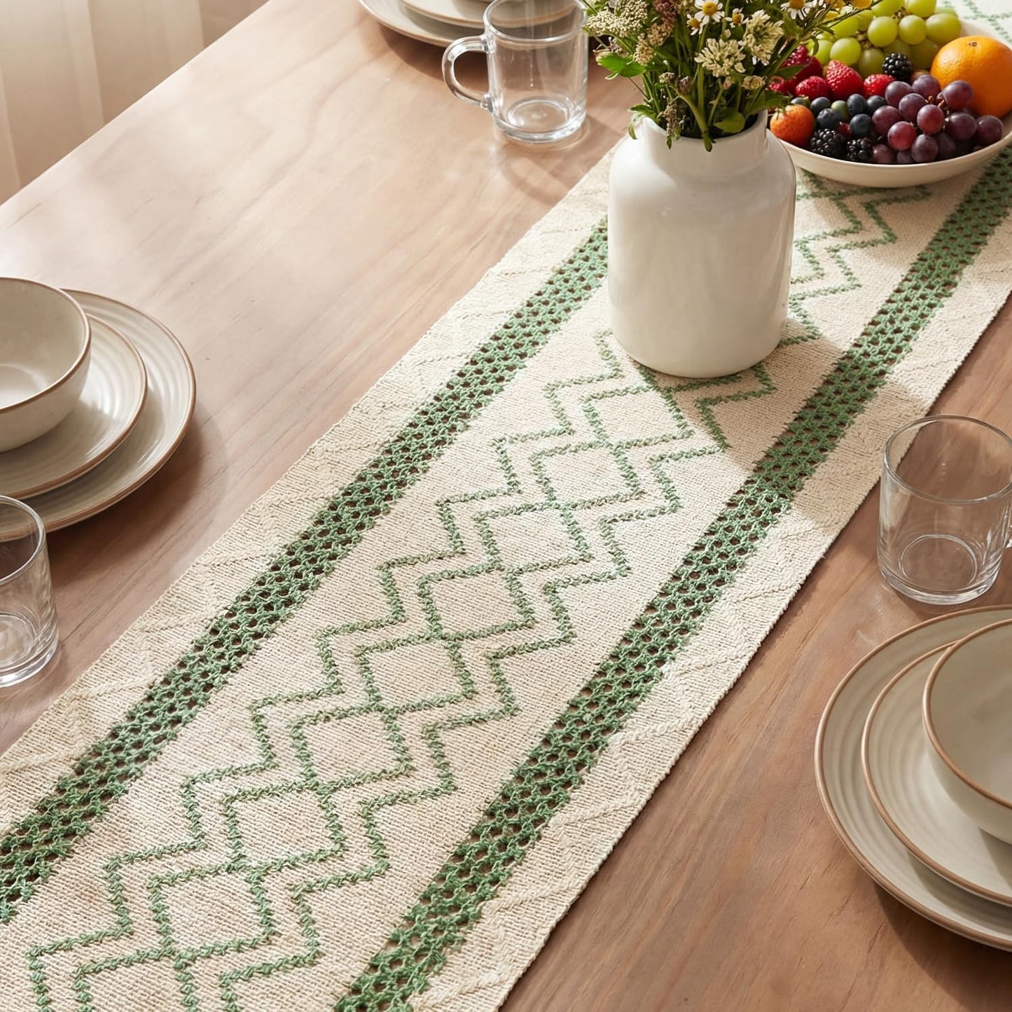 Sage Green Stripe Diamond Pattern Woven Table Runner, Seasonal Holiday Hollow Kitchen Dining Table Decoration for Home Party Decor 12X72 Inch
