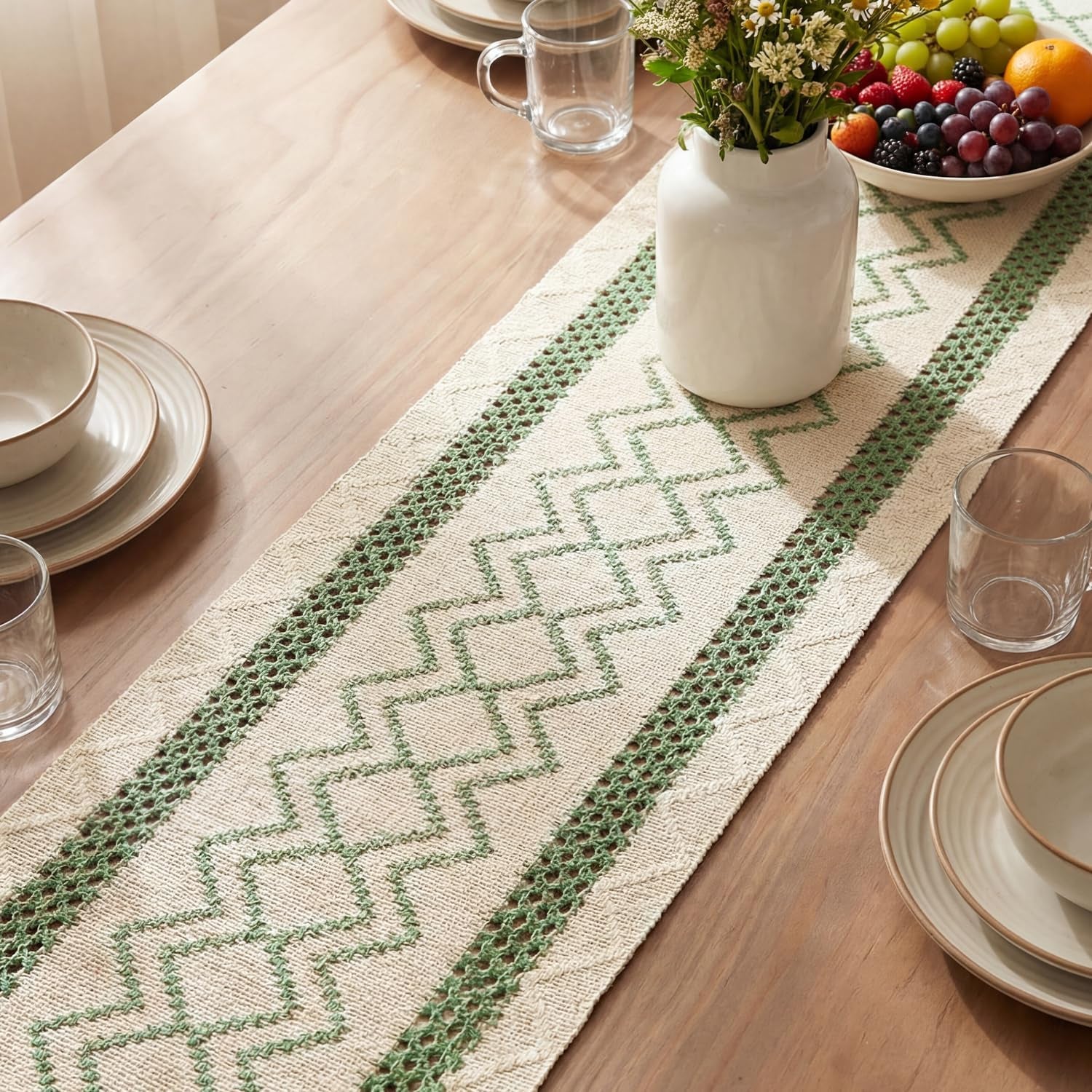 Sage Green Stripe Diamond Pattern Woven Table Runner, Seasonal Holiday Hollow Kitchen Dining Table Decoration for Home Party Decor 12X72 Inch
