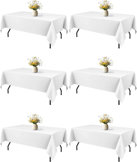 White Rectangle Table Cloth - 6 Pack, 60" X 84" Washable Polyester Tablecloth for 5FT Tables, Wrinkle-Resistant Table Cover for Weddings & Parties