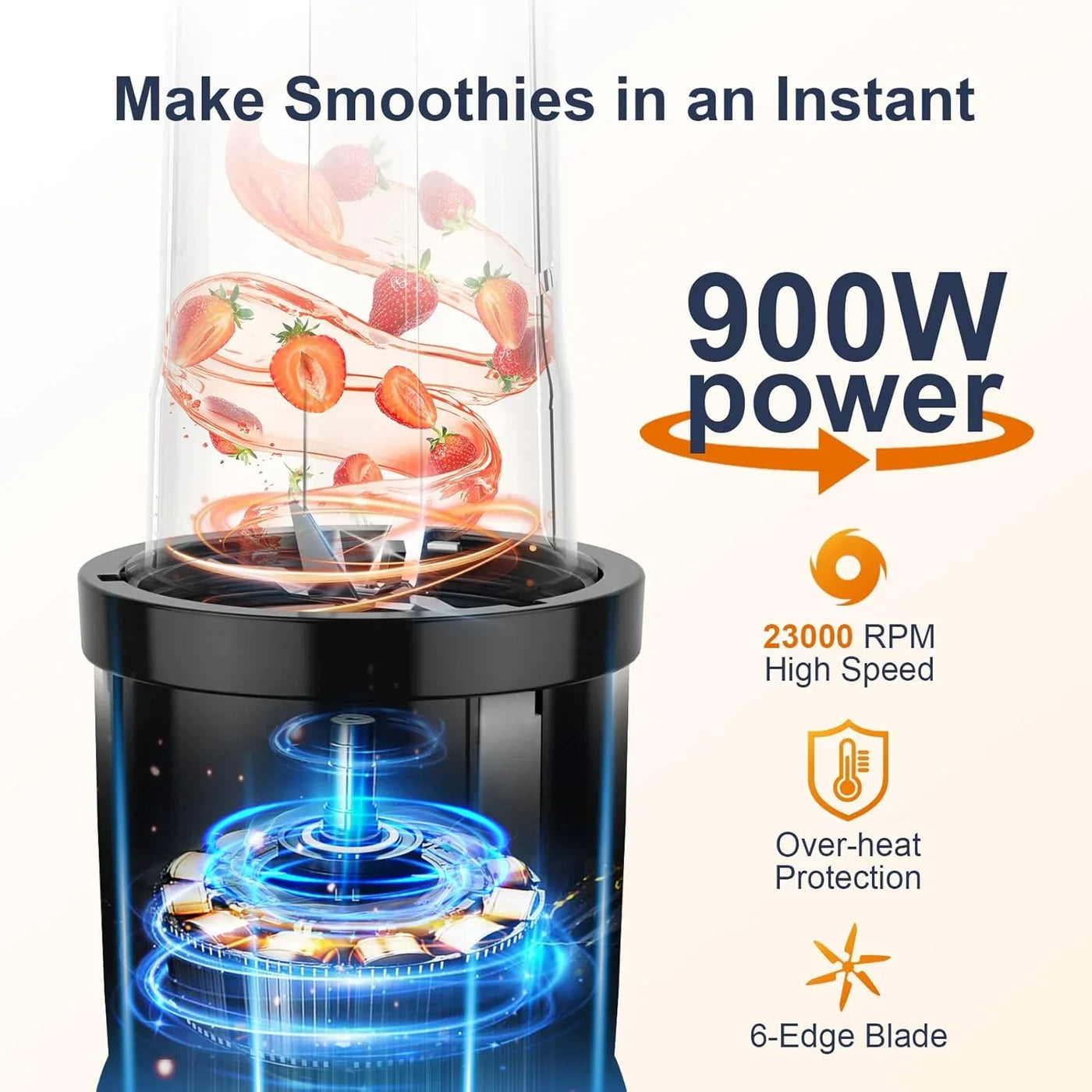 Smoothie Blender, 900W Personal Blender for Shakes and Smoothies for Kitchen with 2 Portable Cups 22Oz, Single Serve Smoothies Maker Mixer for Juices, Nutritious Recipe, Grey Blue
