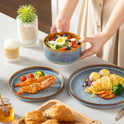 ONION Ceramic Plates and Bowls Sets, 12 Pieces Blue Dinnerware Sets for Kitchen, Reactive Glaze Dishes Set for 4, Dishwasher and Microwave Safe