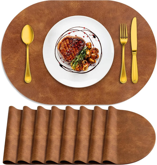 Placemats, Heat Resistant Oval Placemats Set of 8 Washable 12 X 17 Inch, Waterproof Table Mats, Wipeable Pu Place Mats for Kitchen, Dining Room, Turmeric Brown