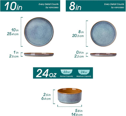 ONION Ceramic Plates and Bowls Sets, 12 Pieces Blue Dinnerware Sets for Kitchen, Reactive Glaze Dishes Set for 4, Dishwasher and Microwave Safe