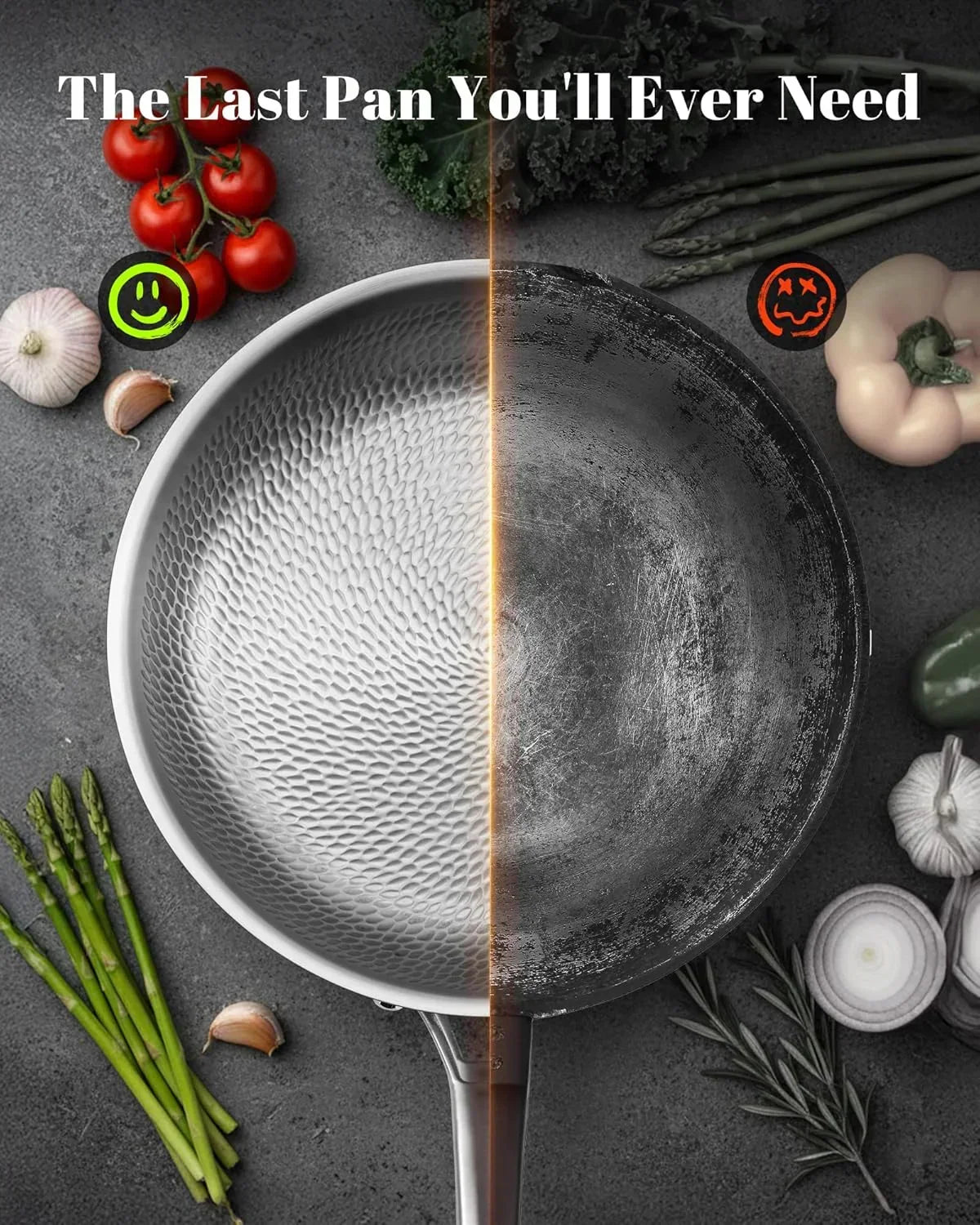 Durable nonstick frying pan with textured surface, surrounded by fresh veggies for healthy cooking
