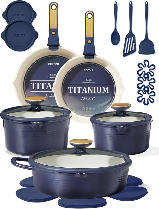 22Pcs Titanium Cookware Set, Pots and Pans Set Non Stick, Kitchen Cooking Set with Detachable Handle, Non Toxic Induction Cookware, Dishwasher/Oven Safe，Blue