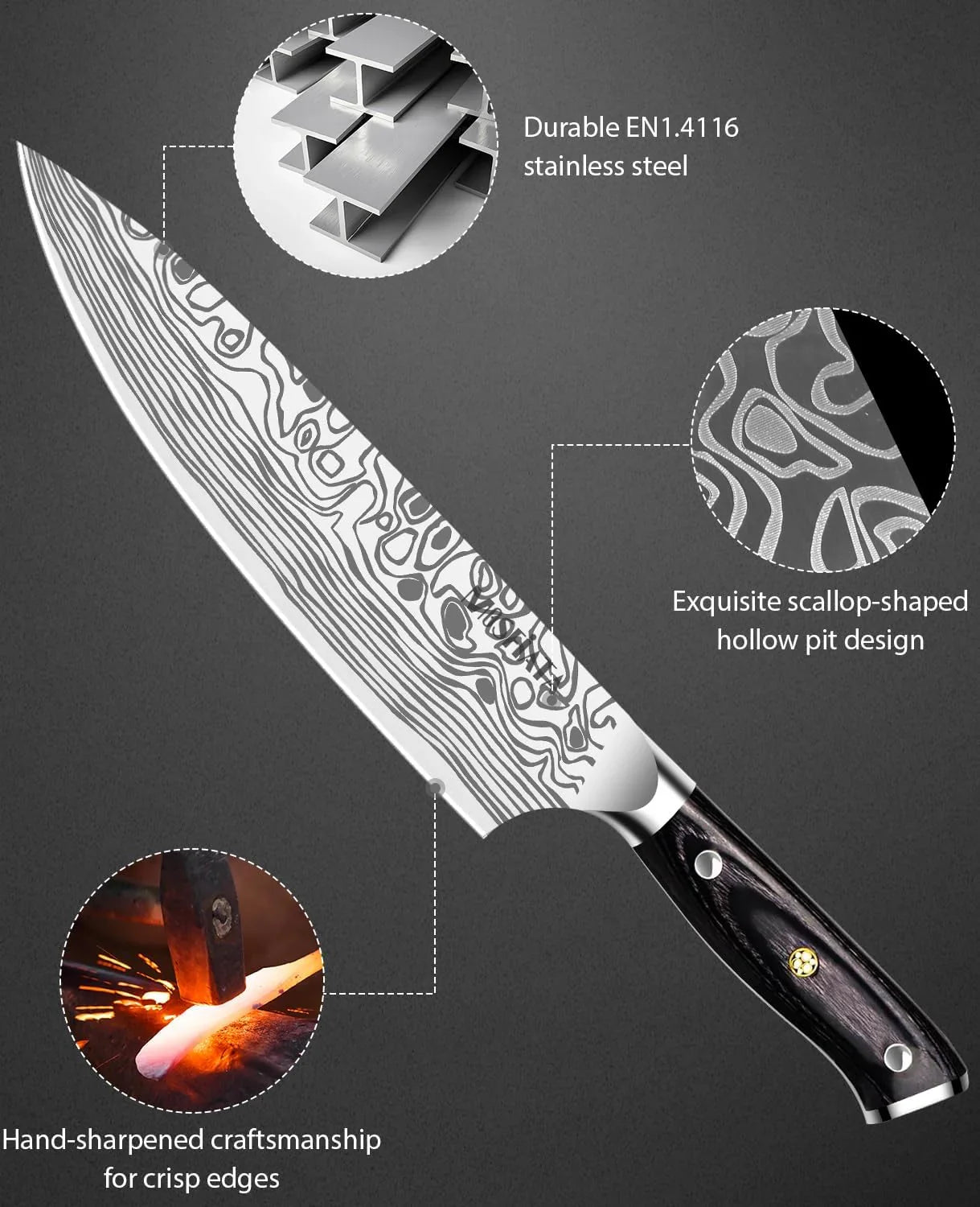 8" Super Sharp Professional Chef'S Knife with Finger Guard and Knife Sharpener, German High Carbon Stainless Steel EN1.4116 with Micarta Handle and Gift Box