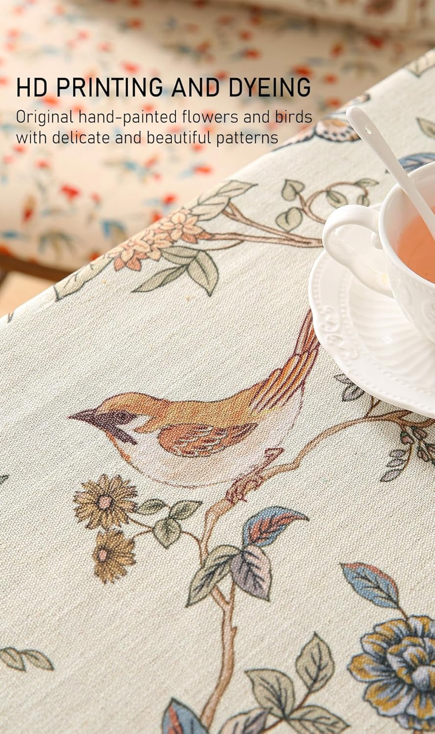 Designer French Light Beige Small Rectangular Tablecloth,Linen Florals and Birds Pattern Table Cloth,Anti-Wrinkle Decorative Tablecloths for Dining Thanksgiving Kitchen,55"*71"-Cornucopia