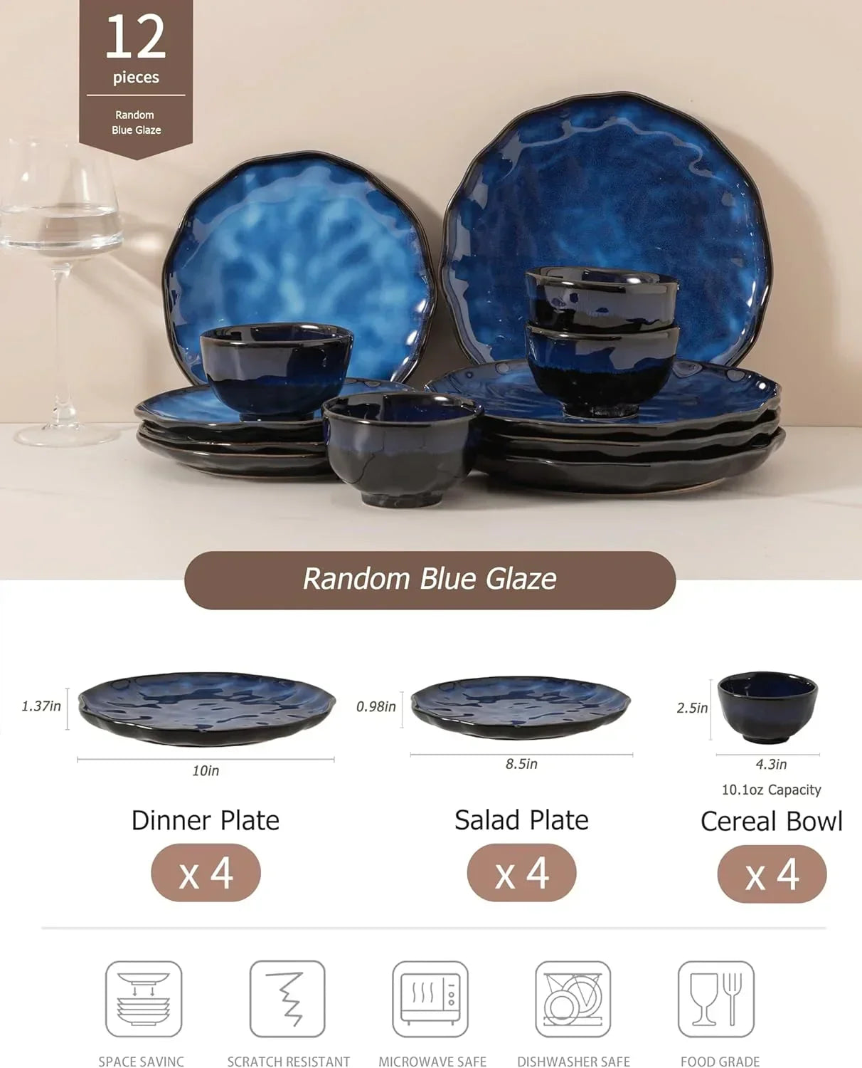 Random Blue Glaze 12-piece dinnerware set with dinner plates, salad plates, and cereal bowls
