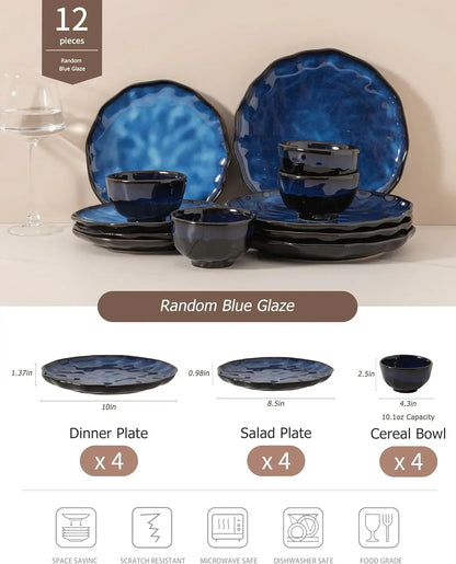 Random Blue Glaze 12-piece dinnerware set with dinner plates, salad plates, and cereal bowls