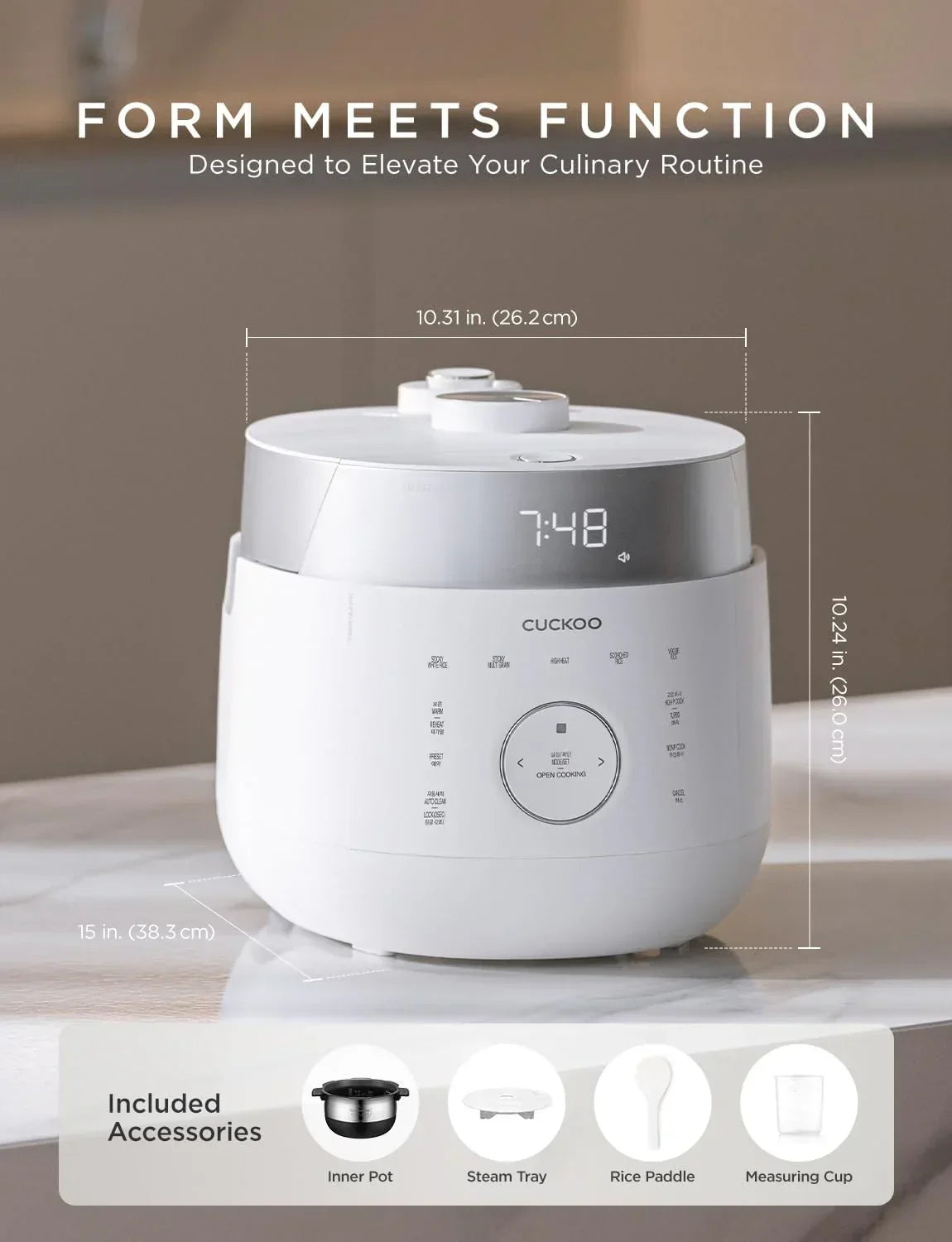 Cuckoo rice cooker with digital display, included accessories, and sleek modern design for kitchen routines.