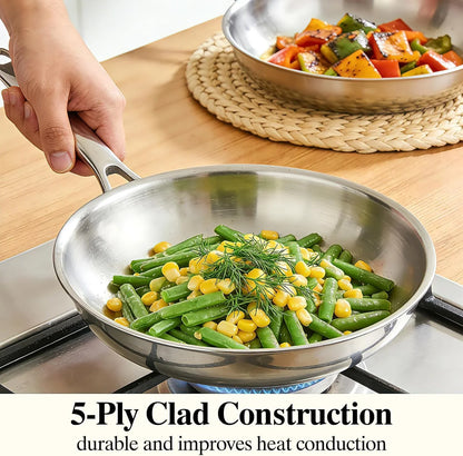 Stainless Steel Frying Pan Set with Lid, 3Pcs Skillet Set (Includes 8",10",12") - 5 Ply Stainless Clad - Heavy Duty & Professional Cookware Set, Fast & Even Heat, Dishwasher and Oven Safe