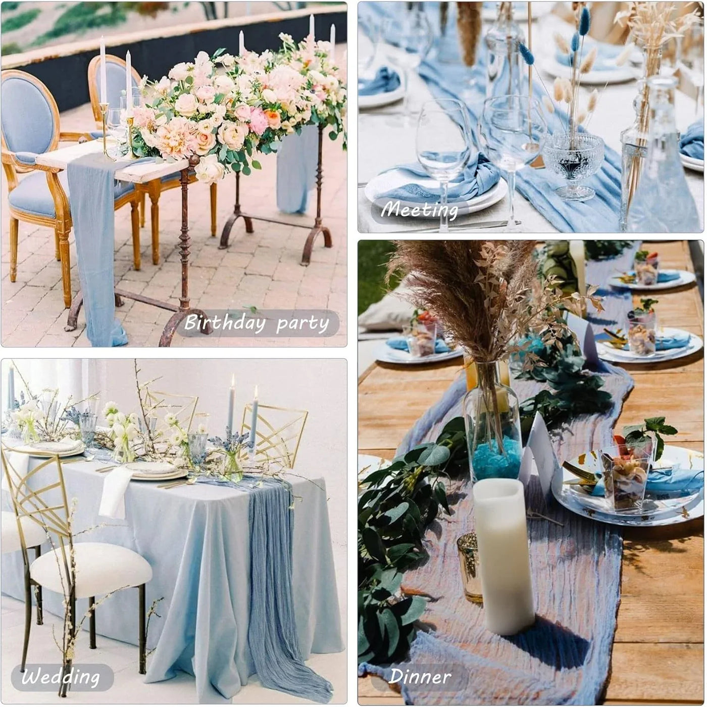12 Pack 10Ft Cheesecloth Table Runner 35X120 Inch Boho Gauze Table Runner Rustic Cheese Cloth Long Romantic Table Runners for Wedding Bridal Shower Birthday Party Table Decor (Dusty Blue)