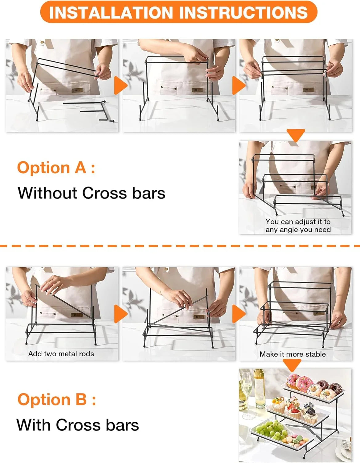 3 Tier Serving Tray Set, 12" Tiered Serving Trays Platters, Reusable Serving Tray for Party, Collapsible Sturdier Stand with Stable Cross Bars, Serving Platters for Veggie, Fruit, Dessert